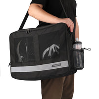 Travel Bag C80B4500 in black, worn on the shoulder. Dimensions: 56x38x18cm, weight: 1791g. Made of durable polyester, ideal for cyclists, with anti-scratch material, three composite pressure structures, customizable compartments, and a breathable upper pocket.