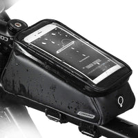 Frame Bag 1.5L in black, attached to a bike frame, demonstrating the water-resistant material, with dimensions 20x9x10cm and weight 320g. Features a clear touch-sensitive film for phone use (fits up to 6-inch screen).