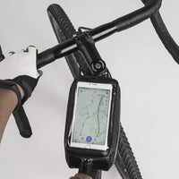 Frame Bag 1.5L in black, attached to a bike frame, made of water-resistant PVC, with dimensions 20x9x10cm and weight 320g. Features a clear touch-sensitive film for phone use (fits up to 6-inch screen).