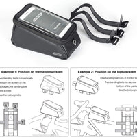 Frame Bag 1.5L in black, made of water-resistant PVC, with dimensions 20x9x10cm and weight 320g. Can be installed in various locations on the bike, including the handlebar/stem and top tube/stem. Features three banding belts for secure attachment.