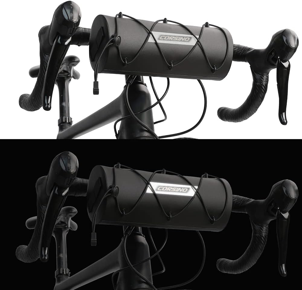 Black Corsino Force Bike Handlebar Bag attached to a bike shown in normal and low-light conditions, highlighting the reflective Corsino logo for better visibility at night.