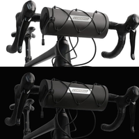 Black Corsino Force Bike Handlebar Bag attached to a bike shown in normal and low-light conditions, highlighting the reflective Corsino logo for better visibility at night.
