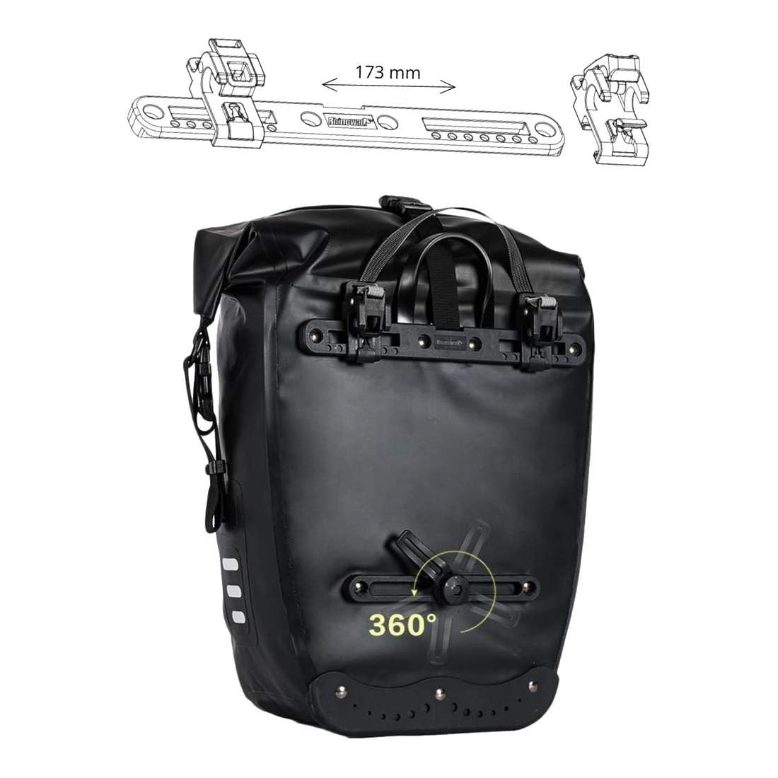 Back view of the black Corsino Journey Pannier Bag 27L showing the durable quick-release mounting system for easy and secure installation.
