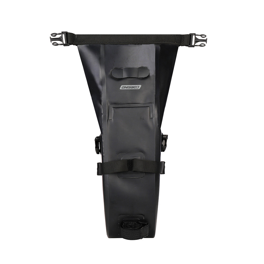 Seat Pack in black, made of waterproof 600D Double PVC. Dimensions: 34x9x9.5cm, weight: 200g. Features anti-slip and anti-wear seatpost strap, and a tail light hangstrap.