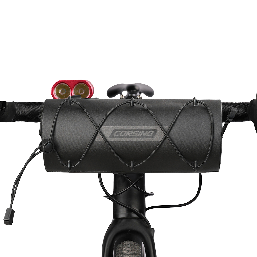 Black Corsino Force Bike Handlebar Bag securely attached to bike handlebars, highlighting its compact 2.4L capacity and easy-access design.