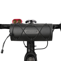 Black Corsino Force Bike Handlebar Bag securely attached to bike handlebars, highlighting its compact 2.4L capacity and easy-access design.