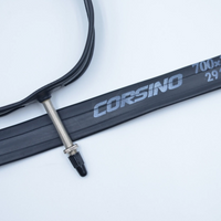Image of a Corsino bike tube FV48mm, size 700x23/25C. The tube is black, made from rubber, with a 48mm valve.