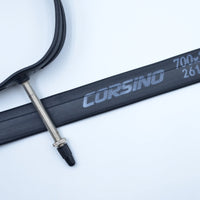 Image of a Corsino bike tube FV60mm, size 700x23/25C. The black rubber tube features a 60mm valve.