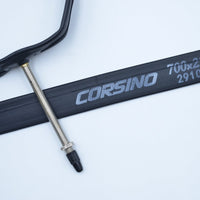 Image of a Corsino bike tube FV80mm, size 700x23/25C. The black rubber tube features an 80mm valve.