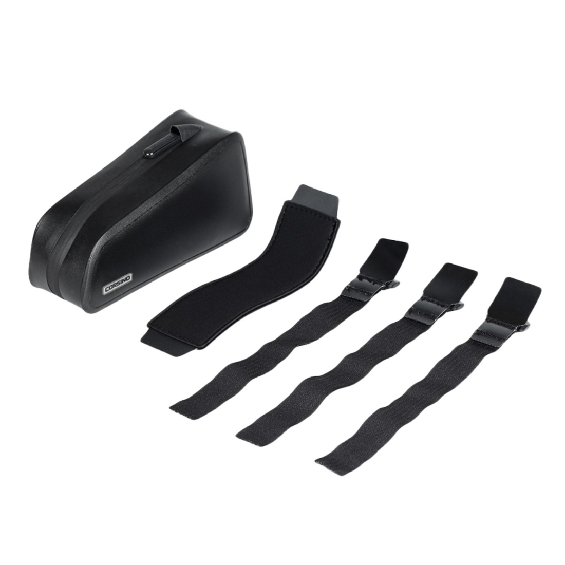 Corsino Frame Bag 1.2L in black, made of waterproof TPU, with a streamlined design, anti-shock neoprene foam protection, and removable straps. Dimensions: 20x6x10cm, weight: 180g. Featuring an inner panel and 3 fixing straps.