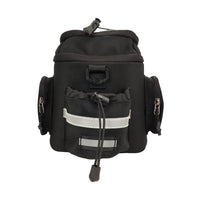 Back profile of the 800g Corsino Adventure 12L cycling day trip bag featuring a tail light hang strap, reflective logo for nighttime visibility, and a leak-proof bottle holder