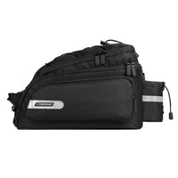 Side view of the black Corsino Adventure 12L bike rear rack bag, a durable 1680D polyester trunk bag designed for versatile and practical gear transport during day trips