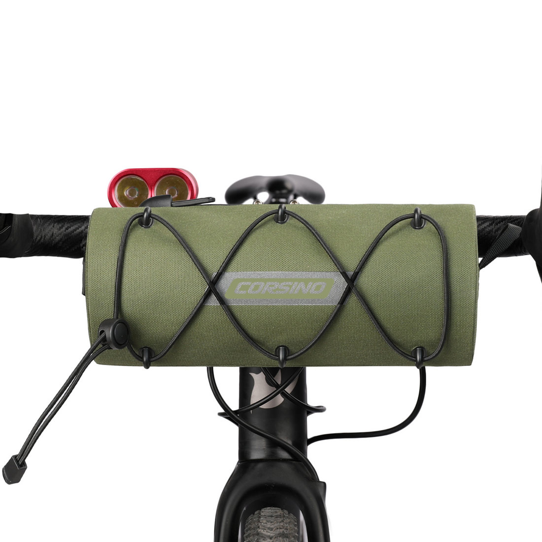 Corsino Force Bike Handlebar Bag in olive securely attached to bike handlebars, showcasing its compact 2.4L capacity and easy-access design.