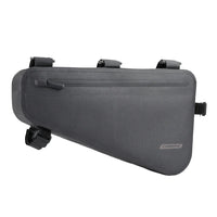 Frame Bag in black, made of waterproof 840D Nylon TPU. Dimensions: 39.5x6x23/10cm, weight: 330g. Features a 5-strap fixation system for stability, a 3-layer support structure to maintain shape under load, and is both waterproof and scratch-resistant.