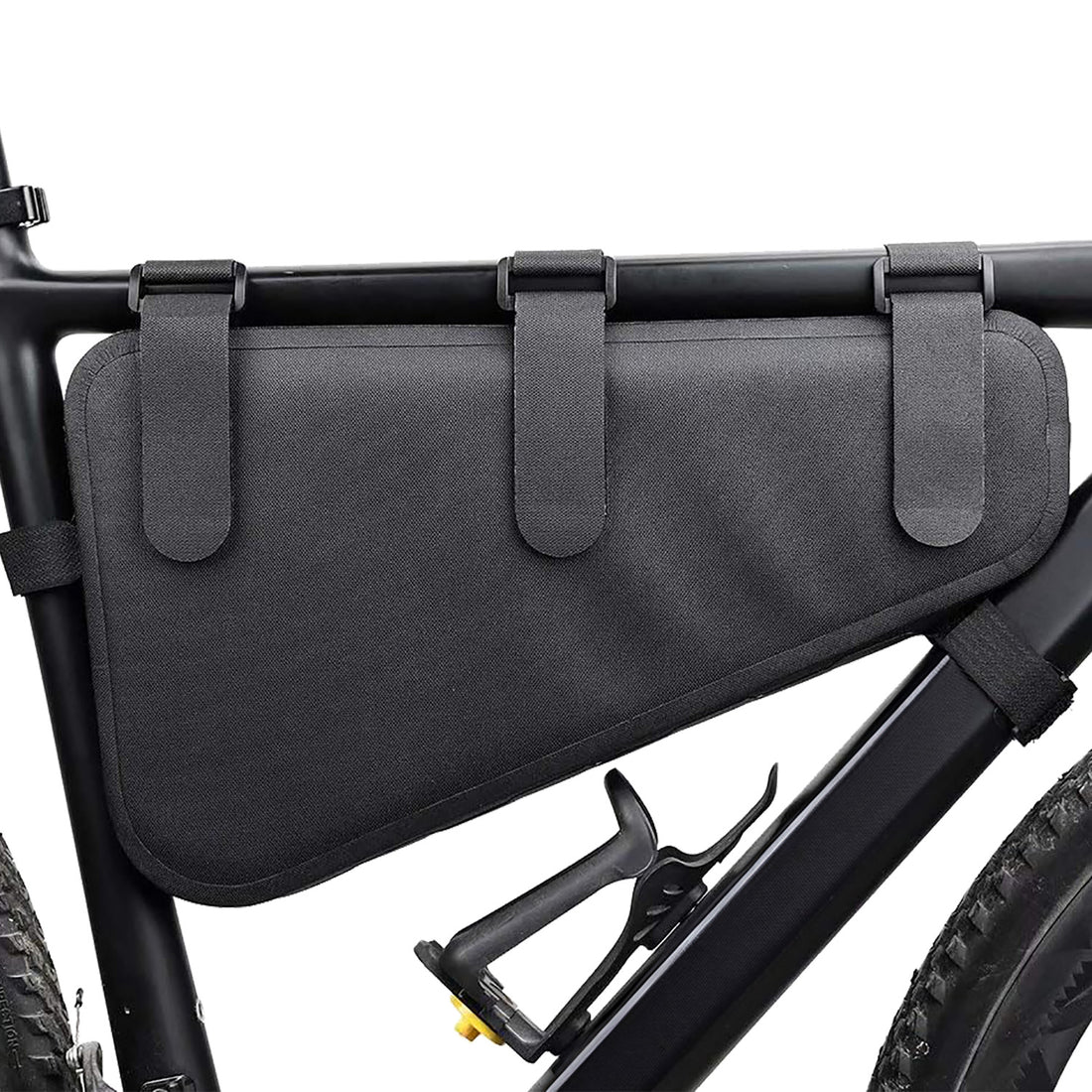 Frame Bag in black, attached to a black bike frame, made of waterproof 840D Nylon TPU. Dimensions: 39.5x6x23/10cm, weight: 330g. Features a 5-strap fixation system for stability, a 3-layer support structure to maintain shape under load, and is both waterproof and scratch-resistant.