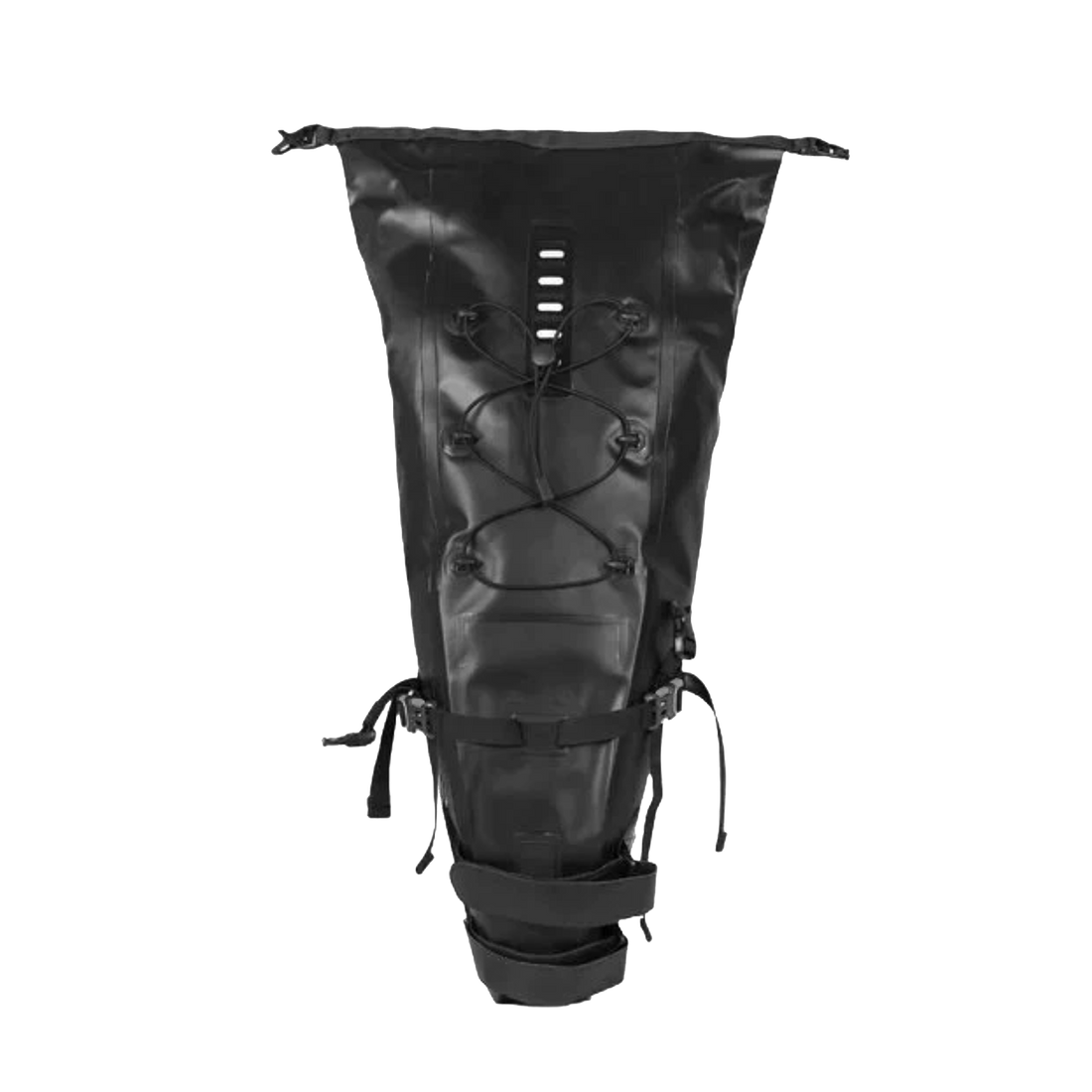Top view of the black Corsino Explorer Seat Pack 13L, showing elastic loops for extra gear attachment on the waterproof PVC surface.