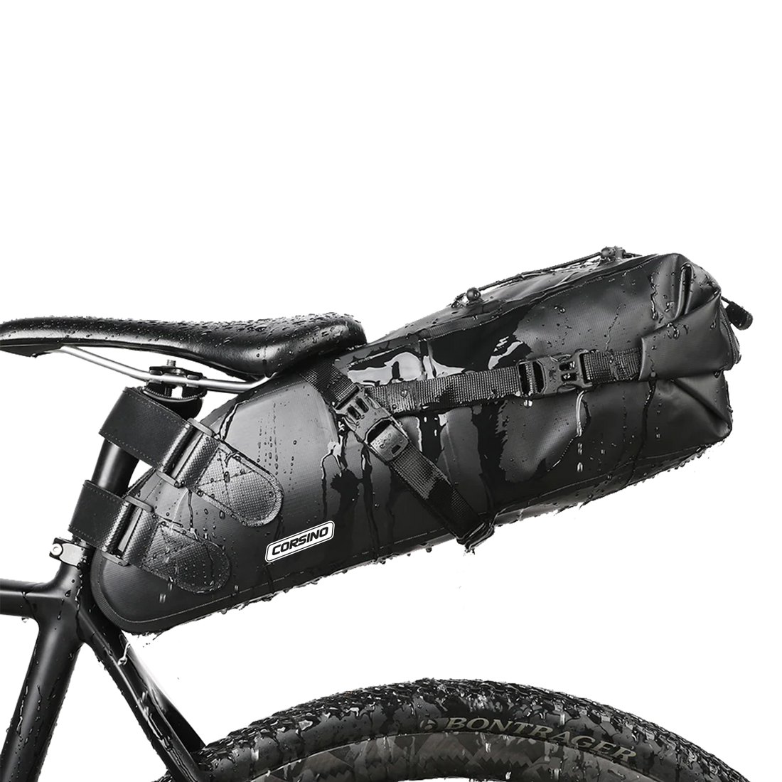 Corsino Explorer Seat Pack 13L securely attached under a bike saddle, demonstrating easy installation and ample storage capacity for cycling adventures.