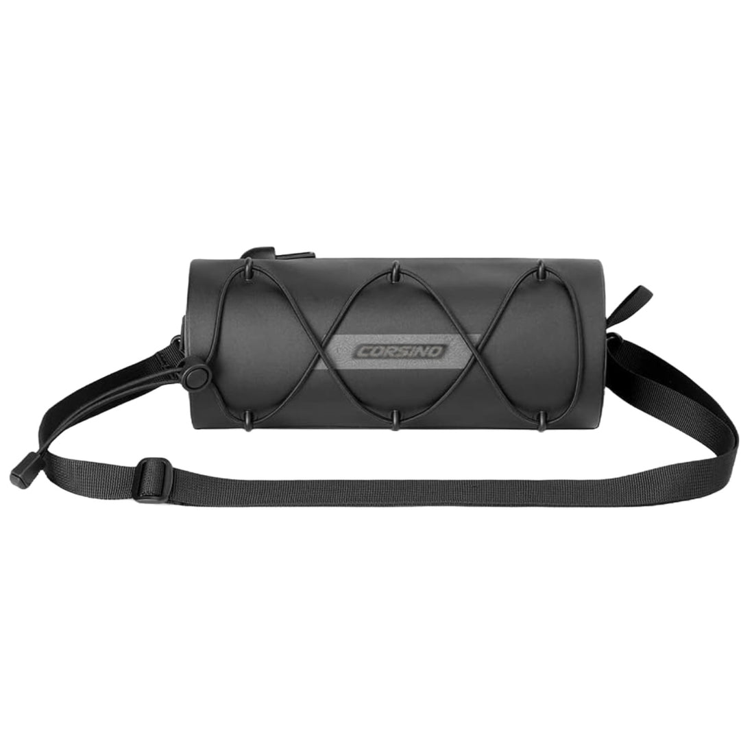 Front view of the black Corsino Force Bike Handlebar Bag showing the detachable shoulder strap and elastic storage loops on the waterproof 600D TPU surface.