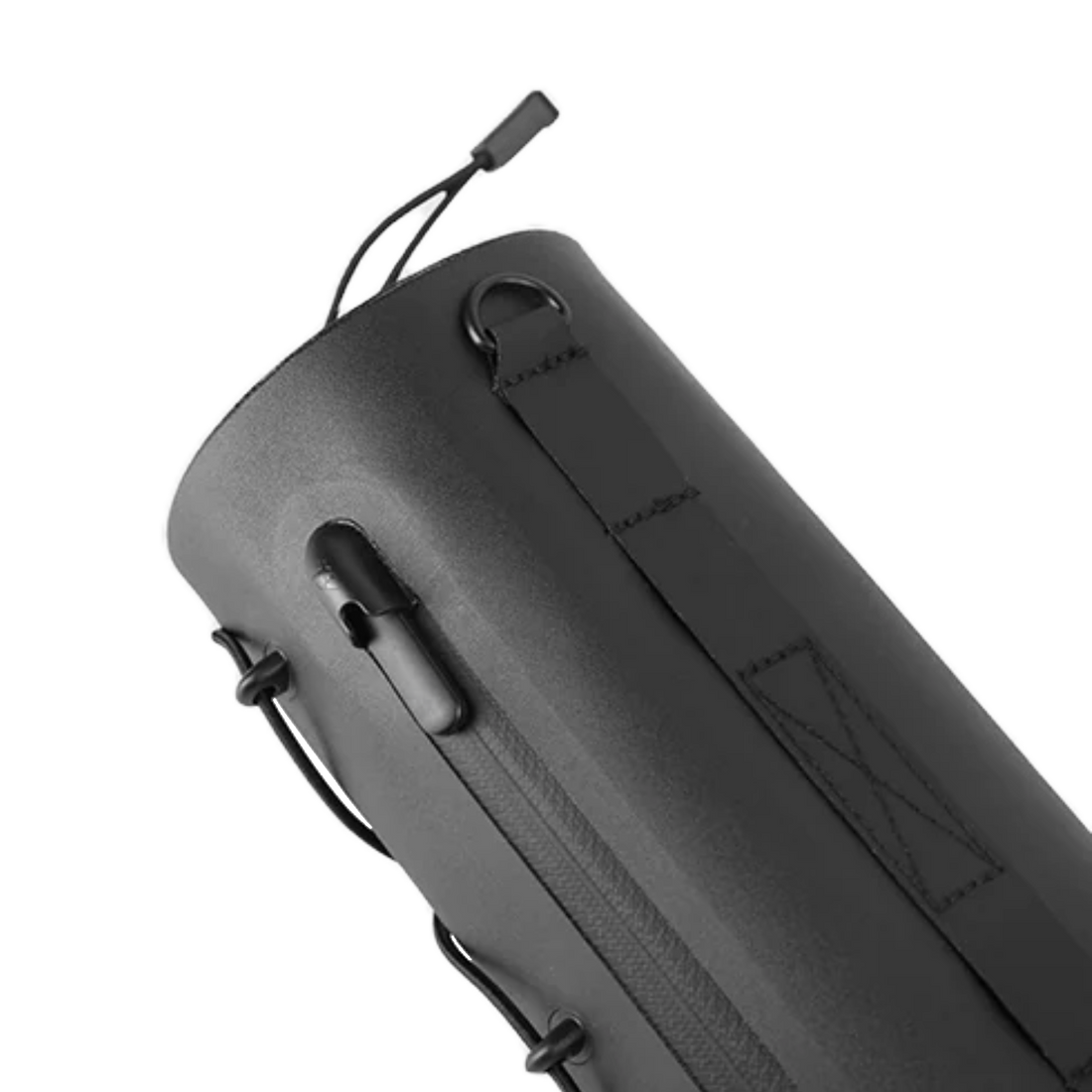 Close-up view of the black Corsino Force Bike Handlebar Bag showing the durable zipper and back panel details for secure mounting.