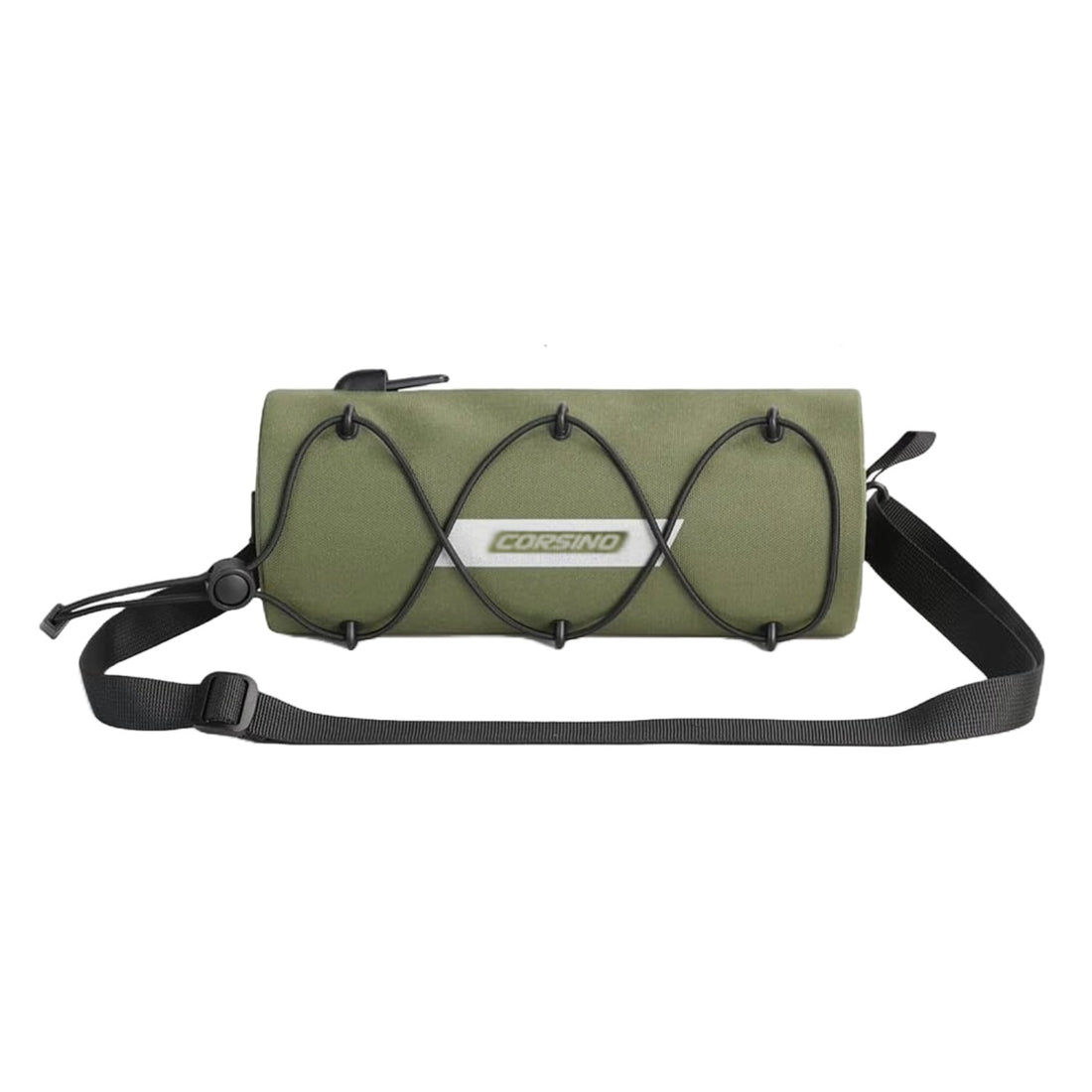 Front view of the olive Corsino Force Bike Handlebar Bag showing the detachable shoulder strap and elastic storage loops on the waterproof 600D TPU surface.