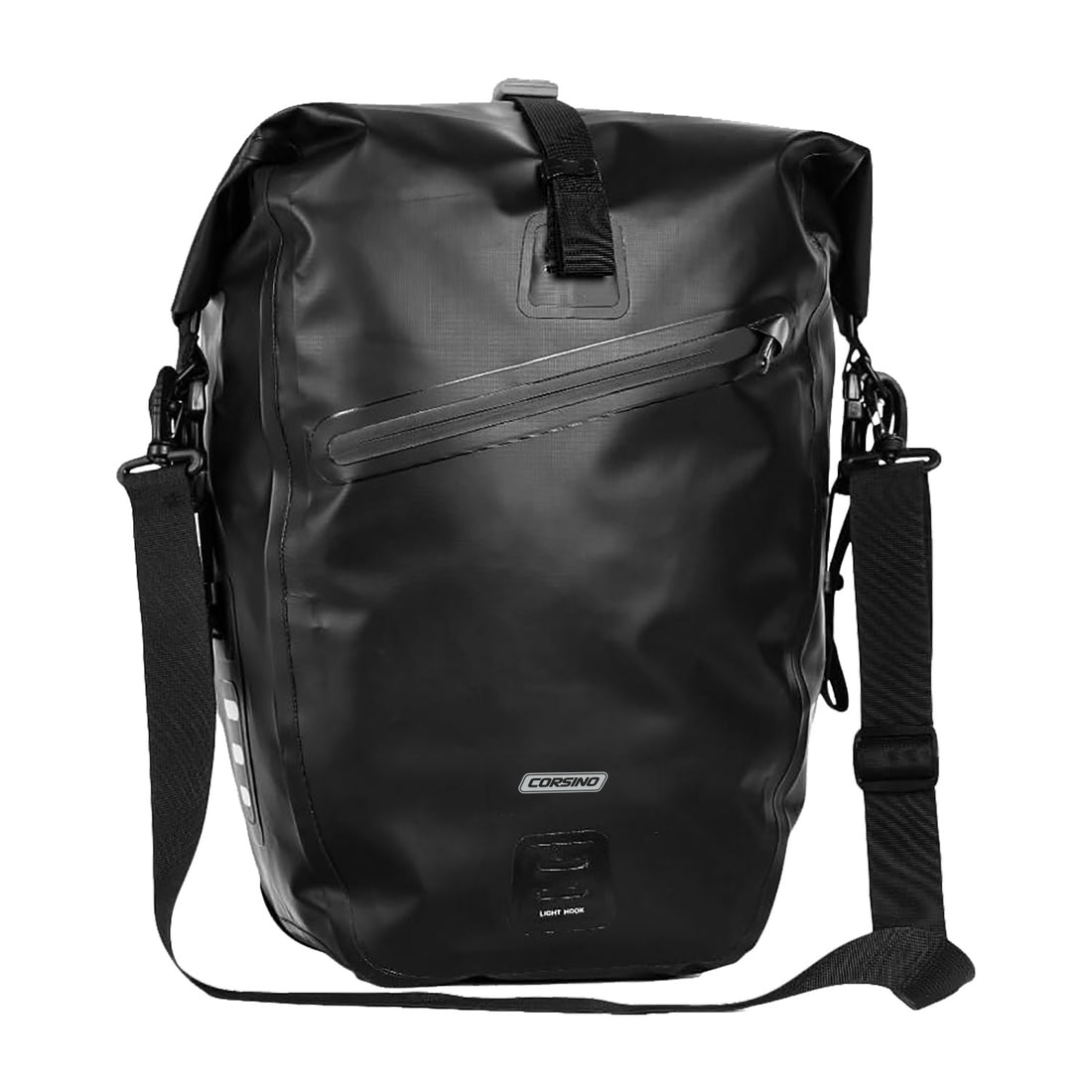 Front view of the black Corsino Journey Pannier Bag 27L with the detachable shoulder strap attached, showcasing its waterproof 500D PVC twill construction.