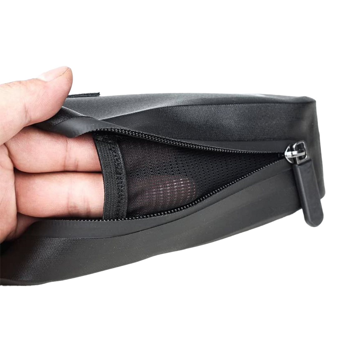 Black Corsino Transit saddle bike bag made of waterproof 600D TPU, measuring 21.5 × 5 × 11 cm and weighing 85 g. Features a convenient net pocket.