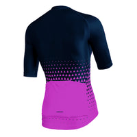 Back view of the navy gradient women's cycling top featuring 3 rear pockets and 1 zip pocket, optimized with Forma fabric for high-performance breathability and style.