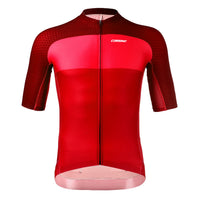 A red variant of the Corsino Giro Men's Performance Cycling Top, designed with compression side panels and a full-length covered zipper for a superior anatomic fit