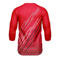 Rear view of the red Corsino Lines 3/4 sleeve trail jersey showcasing its breathable, loose-fitting structure that allows maximum upper-body mobility and rapid sweat evaporation for hardcore BMX adventures