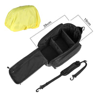 Open Corsino Quest 17L bicycle commuter luggage displaying its 39x19x29cm capacity, featuring a detachable thick compartment separator for organized storage, a padded shoulder strap, and an included rain cover