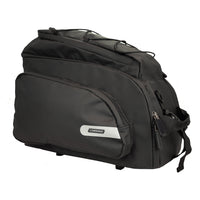 Side profile of the black Corsino Quest 17L bike rear rack bag, a spacious and robust PVC cargo solution designed for daily bicycle commuting and organized gear transport