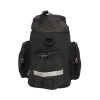 Back view of the black Corsino Quest 17L rear bike bag, showing the 1250g durable construction and an exterior pocket featuring a highly visible reflective safety stripe
