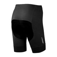 Back angle of the black Corsino SHARP Women's Cycling Shorts, highlighting the integrated women's specific Flight Pad, double Lycra leg cuffs, and the Corsino brand logo on the side panel