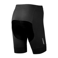 Back angle of the black Corsino SHARP Women's Cycling Shorts, highlighting the integrated women's specific Flight Pad, double Lycra leg cuffs, and the Corsino brand logo on the side panel
