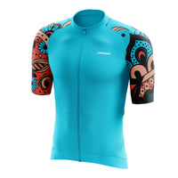 Front profile of the teal blue Corsino Tribal Men's Jersey in a race fit, featuring breathable Forma fabric and carbon fibers to improve body thermoregulation during intense rides