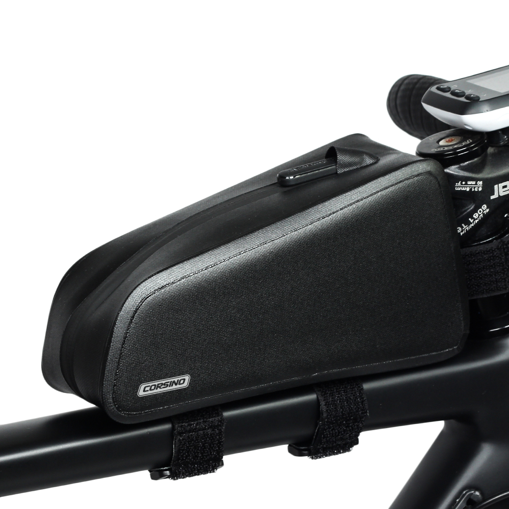 Frame Bag 1.2L in black, attached to a bike frame, made of waterproof TPU, with a streamlined design, anti-shock neoprene foam protection, and removable straps. Dimensions: 20x6x10cm, weight: 180g.