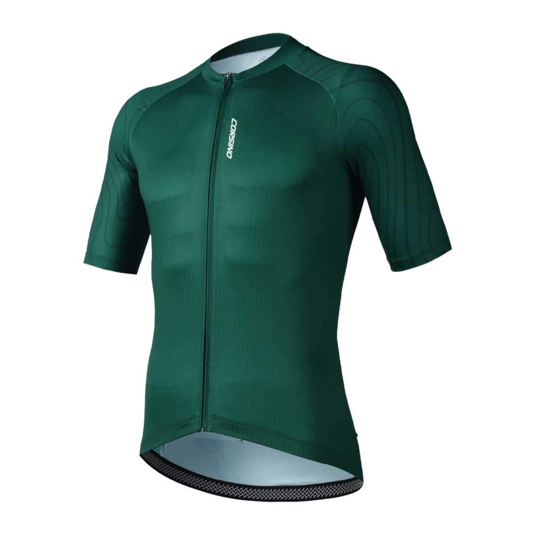 Front view of the Corsino Venice women's dark green short sleeve cycling jersey.