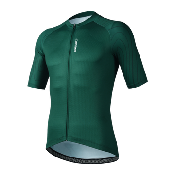 Front view of the Corsino Venice women's dark green short sleeve cycling jersey.