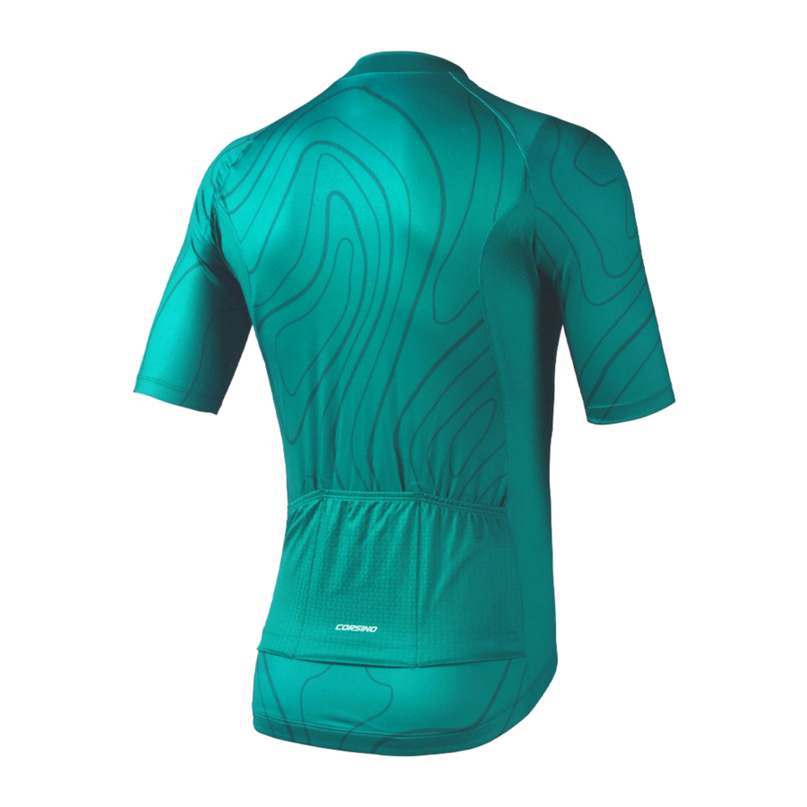 Back view of the Corsino Venice women's teal short sleeve cycling jersey.