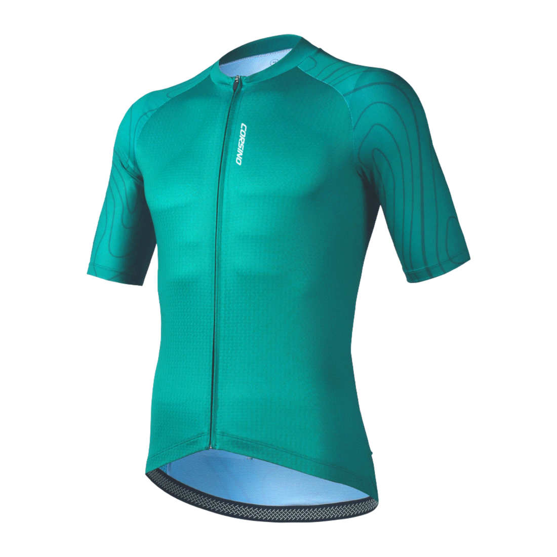 Front view of the Corsino Venice women's teal short sleeve cycling jersey.