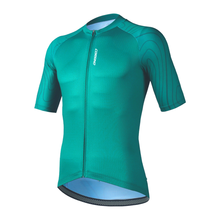 Front view of the Corsino Venice women's teal short sleeve cycling jersey.