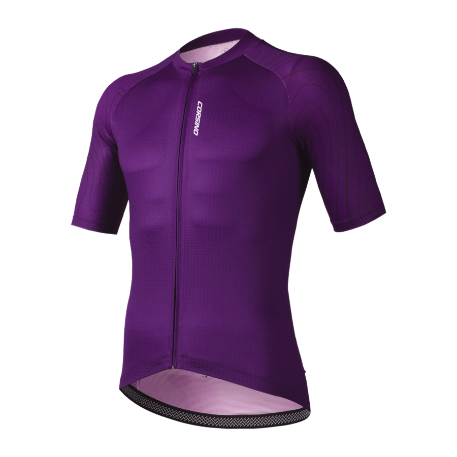 Front view of the Corsino Venice women's purple short sleeve cycling jersey.