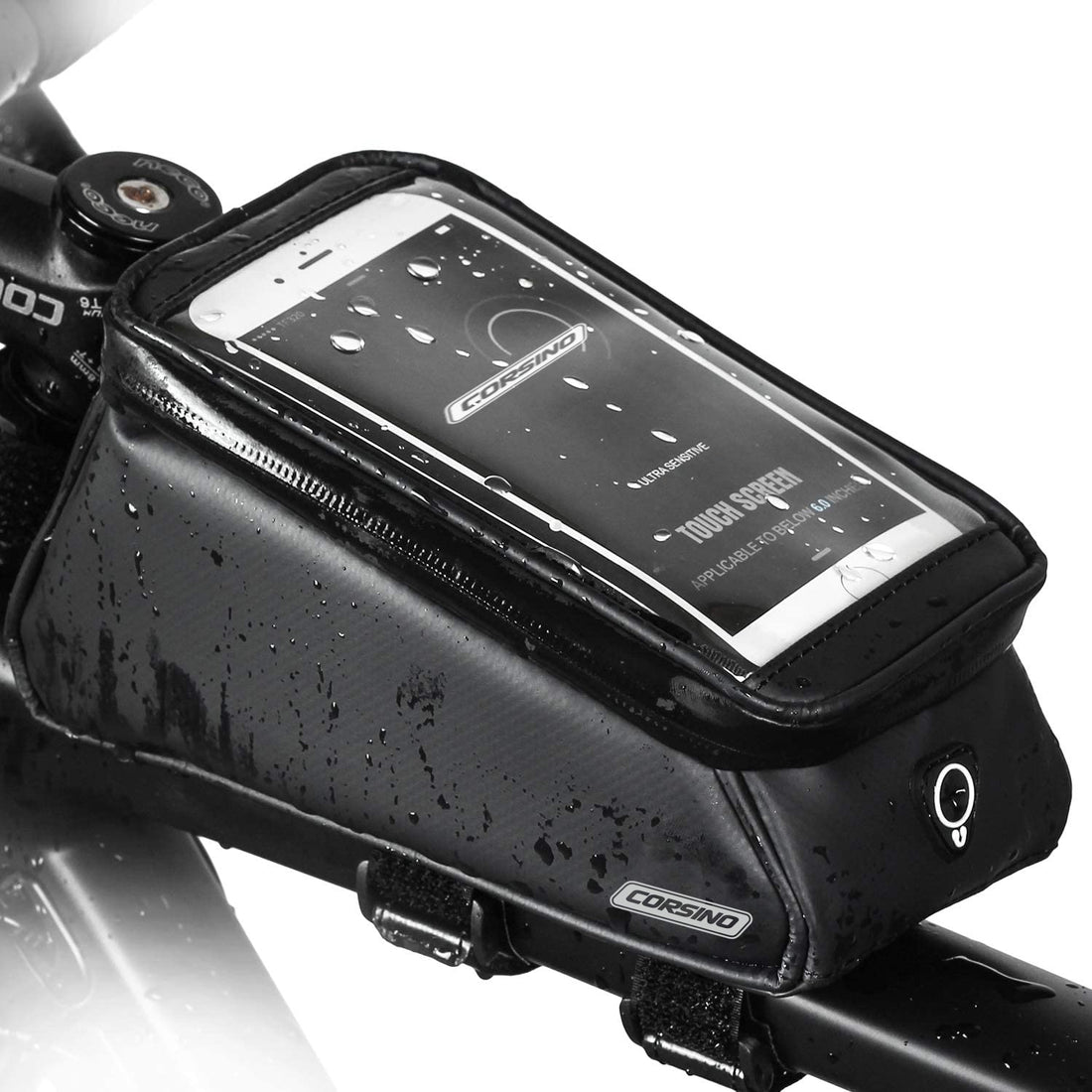 Frame Bag 1.5L in black, attached to a bike frame, demonstrating the water-resistant material, with dimensions 20x9x10cm and weight 320g. Features a clear touch-sensitive film for phone use (fits up to 6-inch screen).