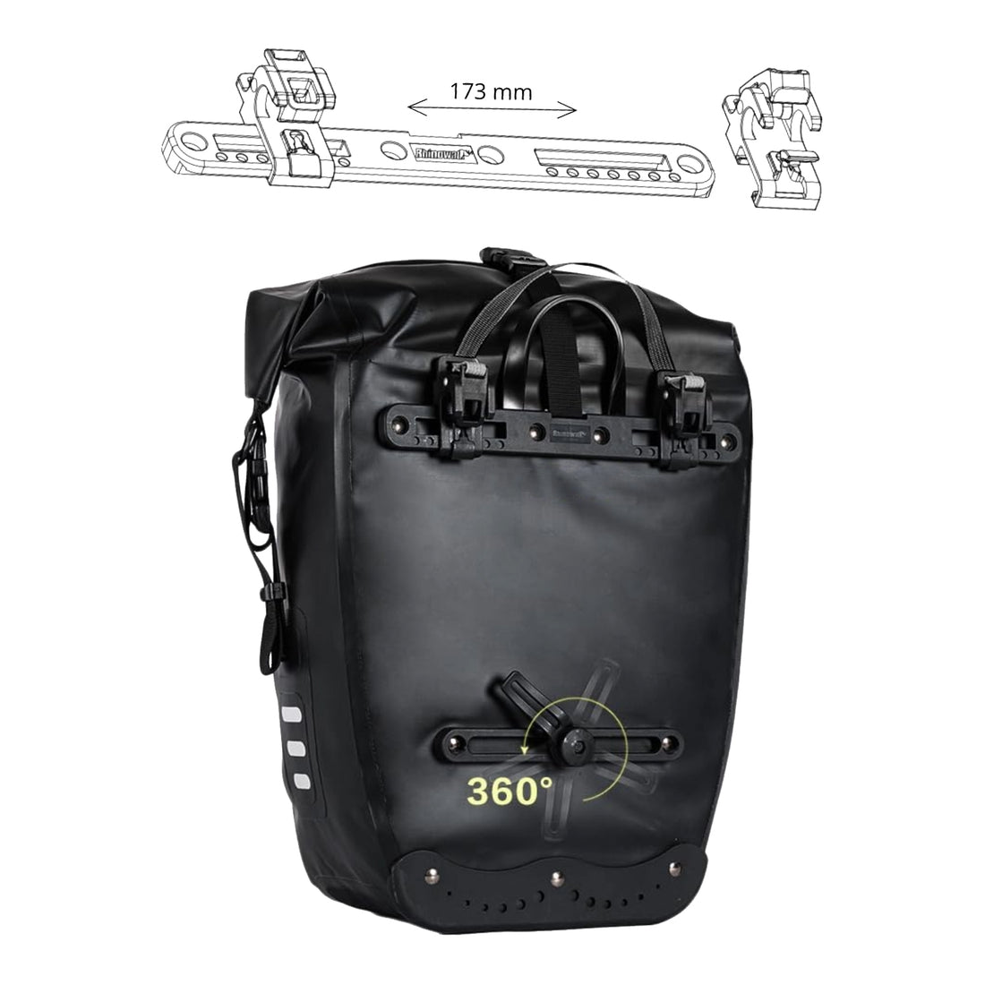 Back view of the black Corsino Journey Pannier Bag 27L showing the durable quick-release mounting system for easy and secure installation.