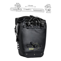 Back view of the black Corsino Journey Pannier Bag 27L showing the durable quick-release mounting system for easy and secure installation.