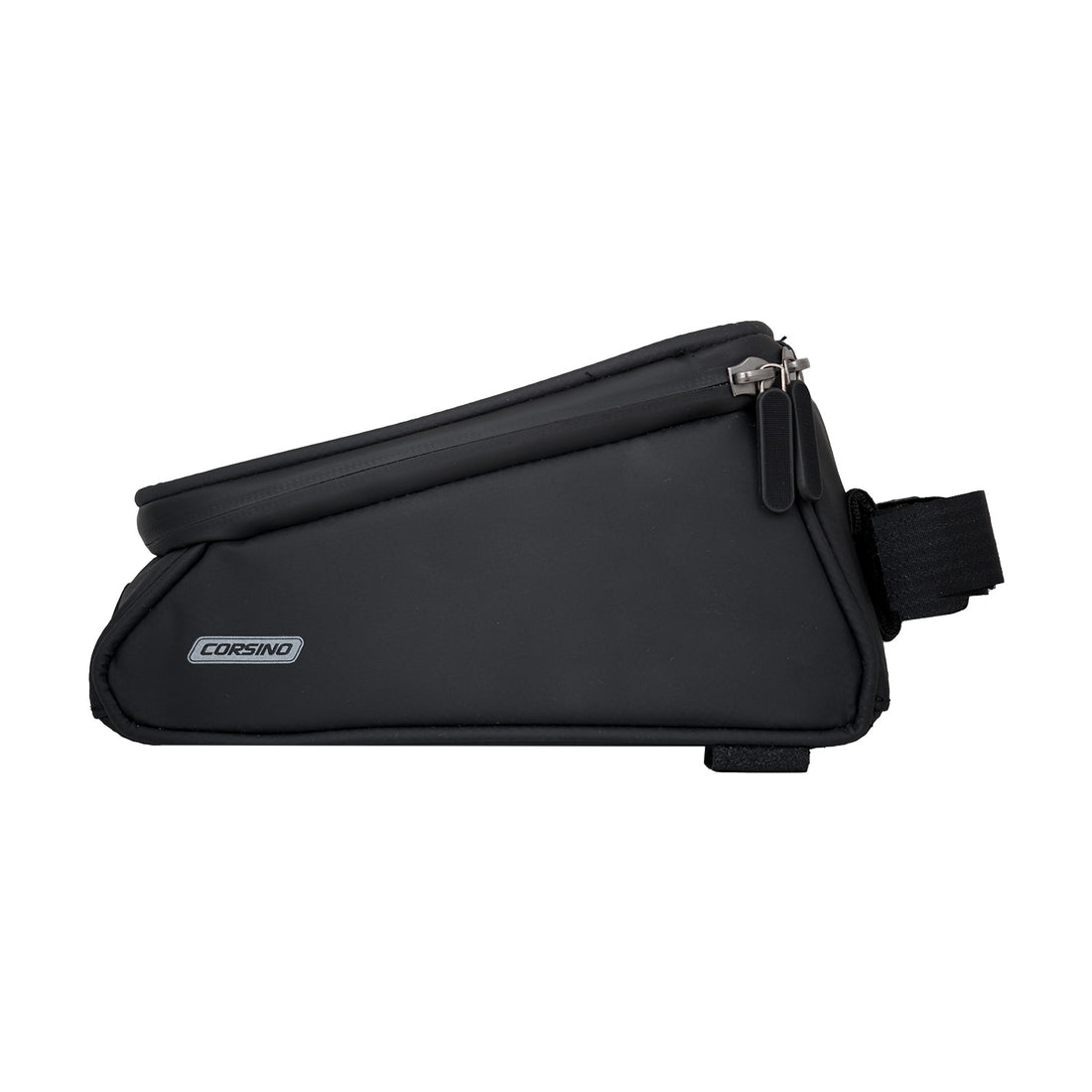Frame Bag 1.5L in black, made of water-resistant PVC, with dimensions 20x9x10cm and weight 320g, side view.