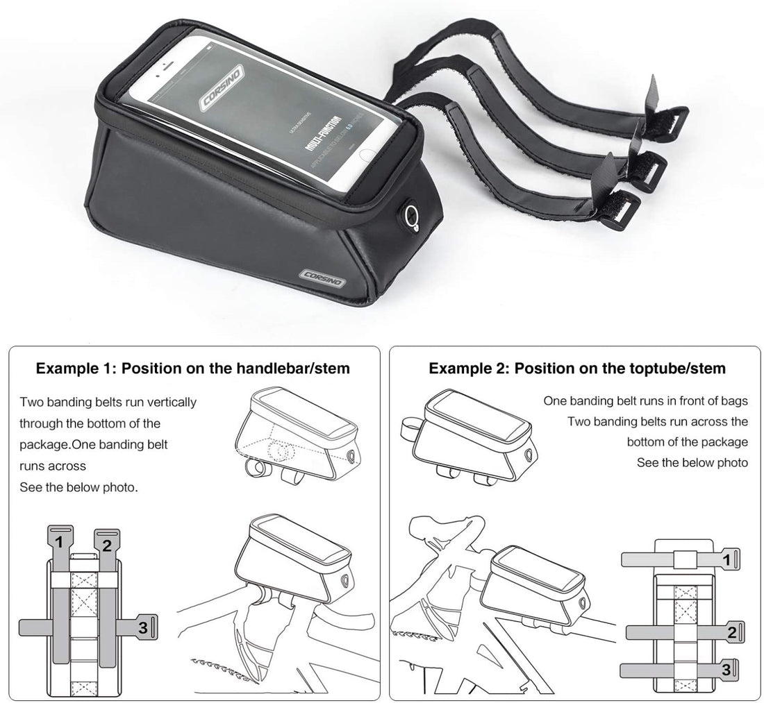 Frame Bag 1.5L in black, made of water-resistant PVC, with dimensions 20x9x10cm and weight 320g. Can be installed in various locations on the bike, including the handlebar/stem and top tube/stem. Features three banding belts for secure attachment.