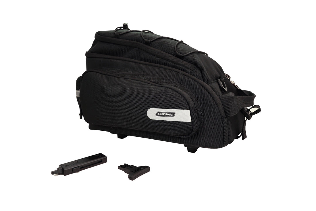 Black Corsino Adventure 12L bike rear rack bag, a durable 1680D polyester bicycle trunk bag featuring the MIK 2.0 system and anti-theft lock key for secure commutes