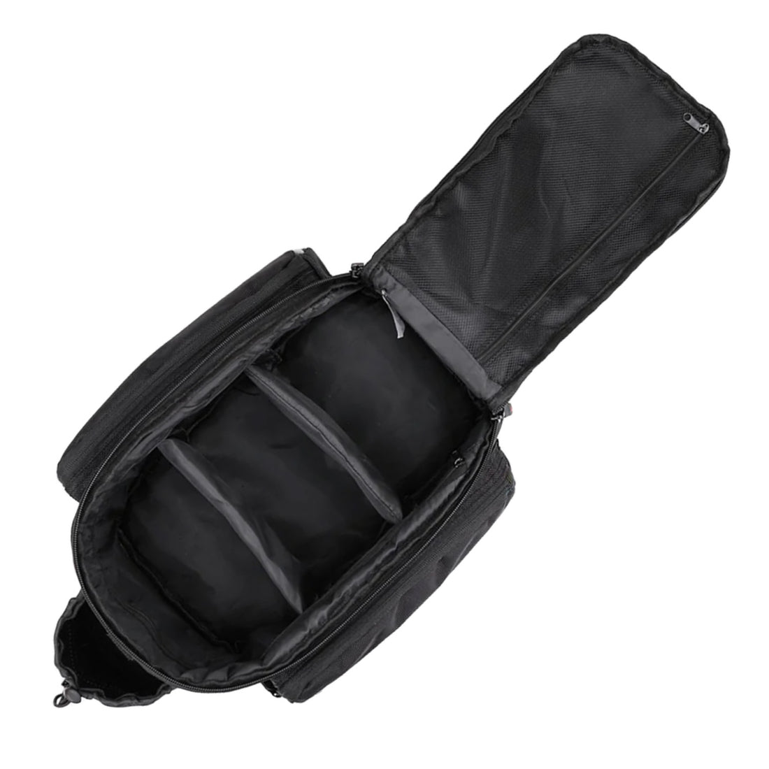 Open main storage area of the Corsino Adventure 12L rear rack bag, displaying the padded interior, removable compartment pads for flexible gear organization, and inner mesh zipper pouch