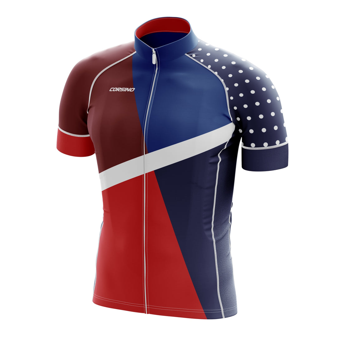 Front view of the premium Corsino Always blue and red men's cycling top, highlighting the secure silicone waistband gripper that guarantees the jersey stays locked perfectly in position during your most intense road sprints.